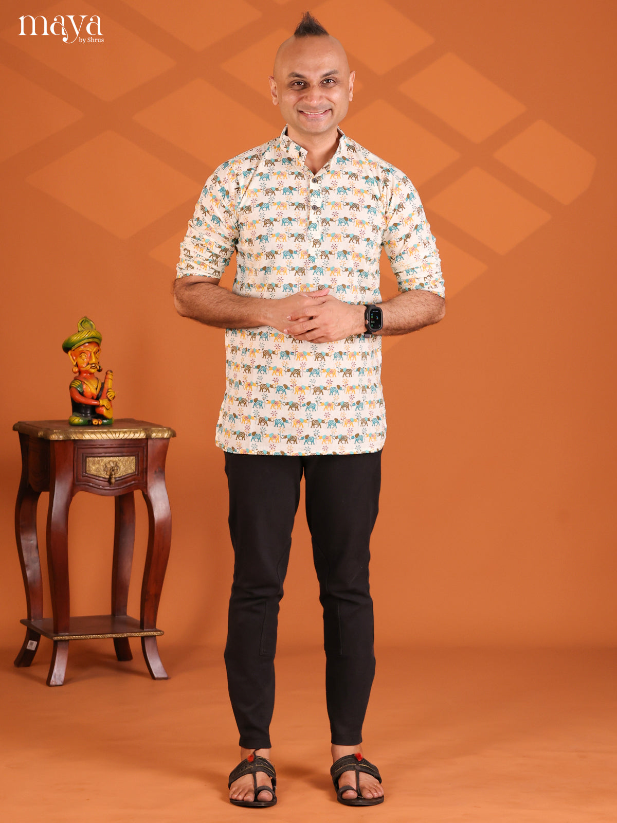 Multicolour Cotton Elephant Printed Short Men Kurta