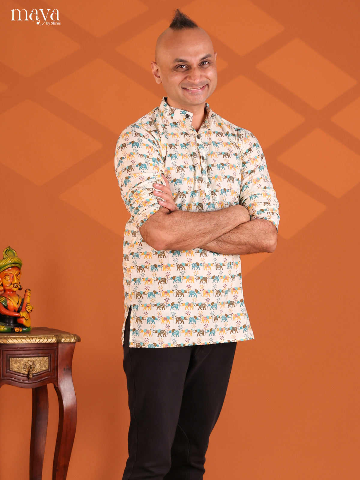 Multicolour Cotton Elephant Printed Short Men Kurta