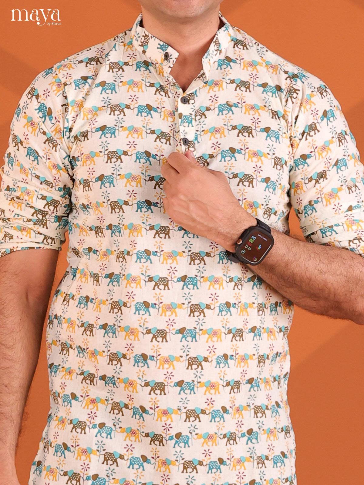 Multicolour Cotton Elephant Printed Short Men Kurta