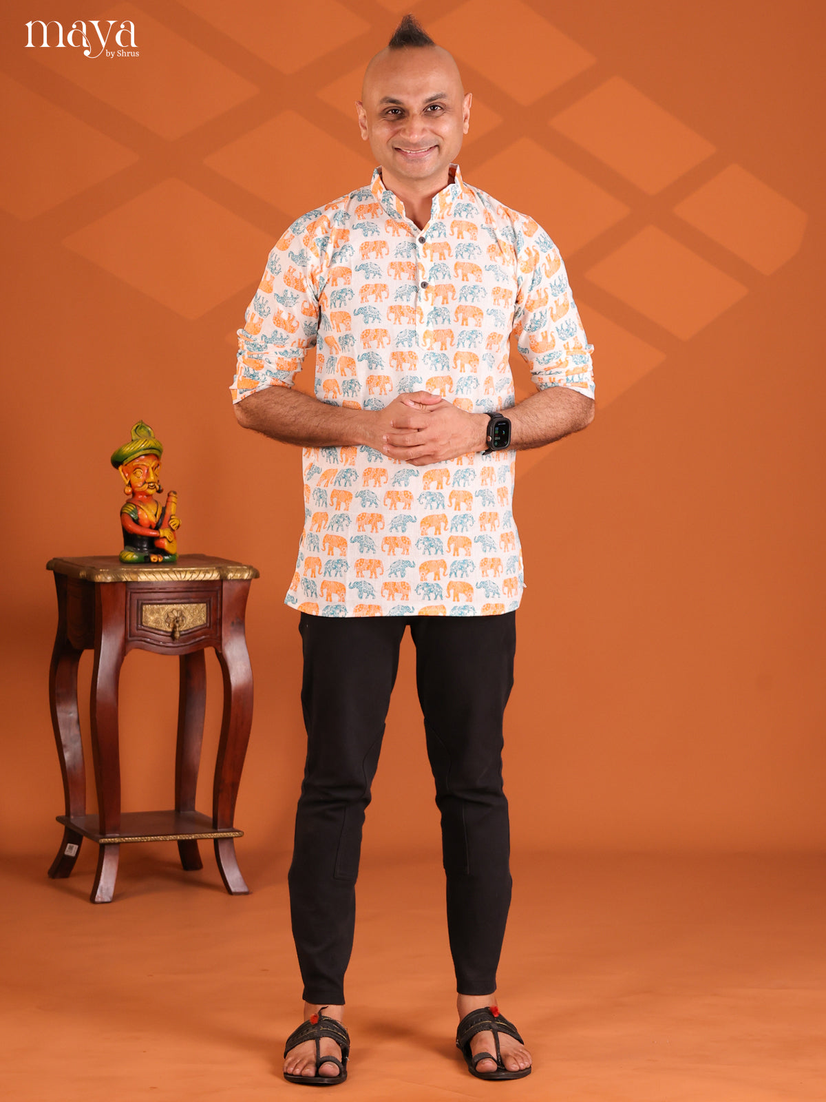 White with Orange Cotton Elephant Printed Short Men Kurta
