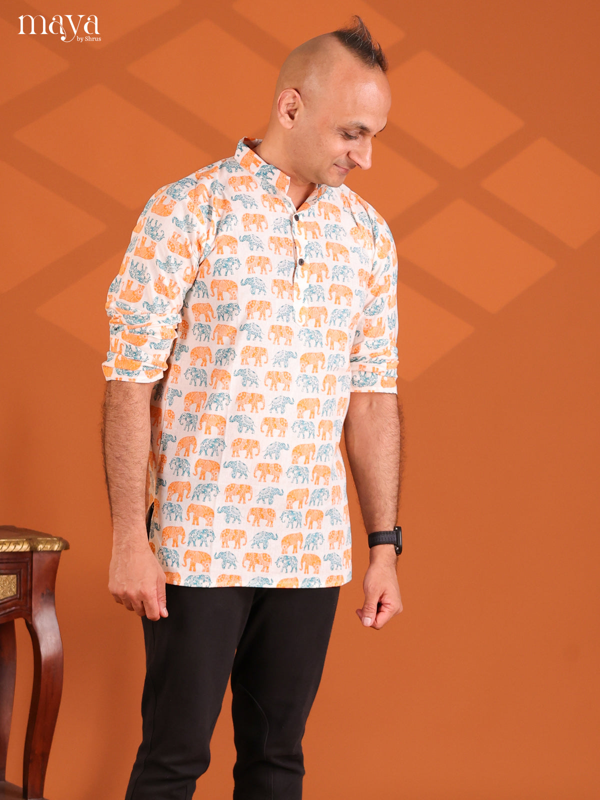 White with Orange Cotton Elephant Printed Short Men Kurta