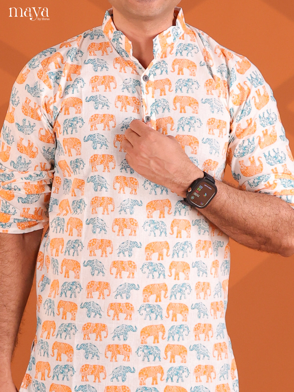 White with Orange Cotton Elephant Printed Short Men Kurta