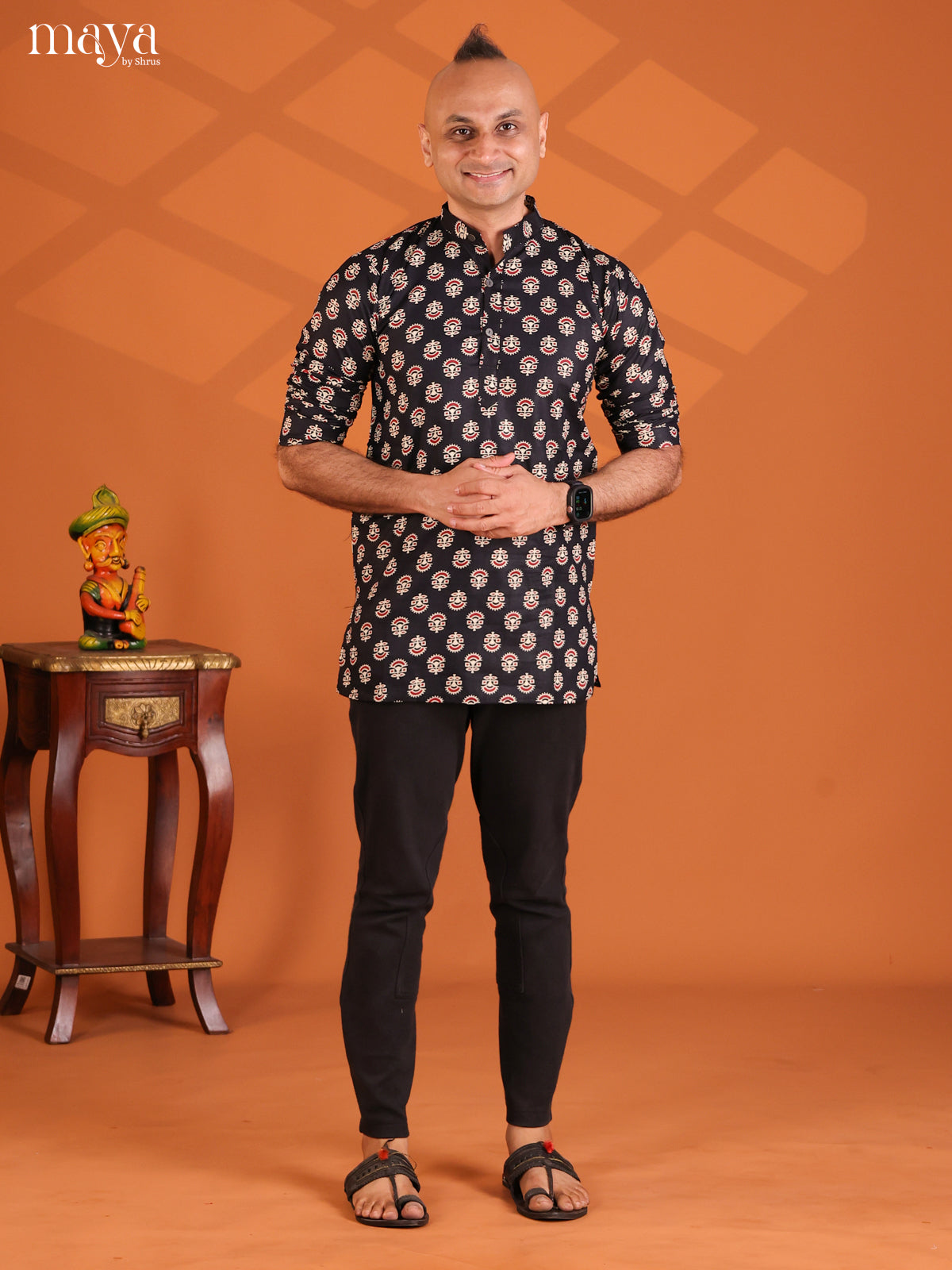 Black Cotton Printeded Short Men Kurta