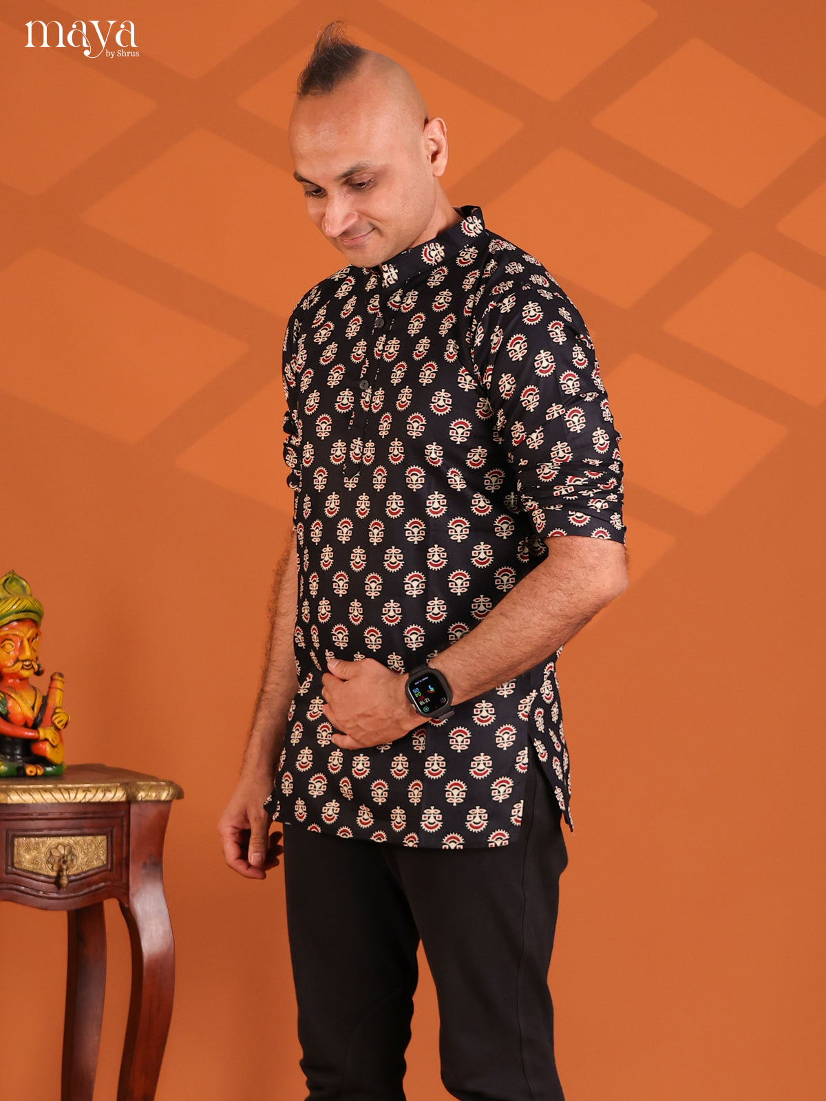 Black Cotton Printeded Short Men Kurta