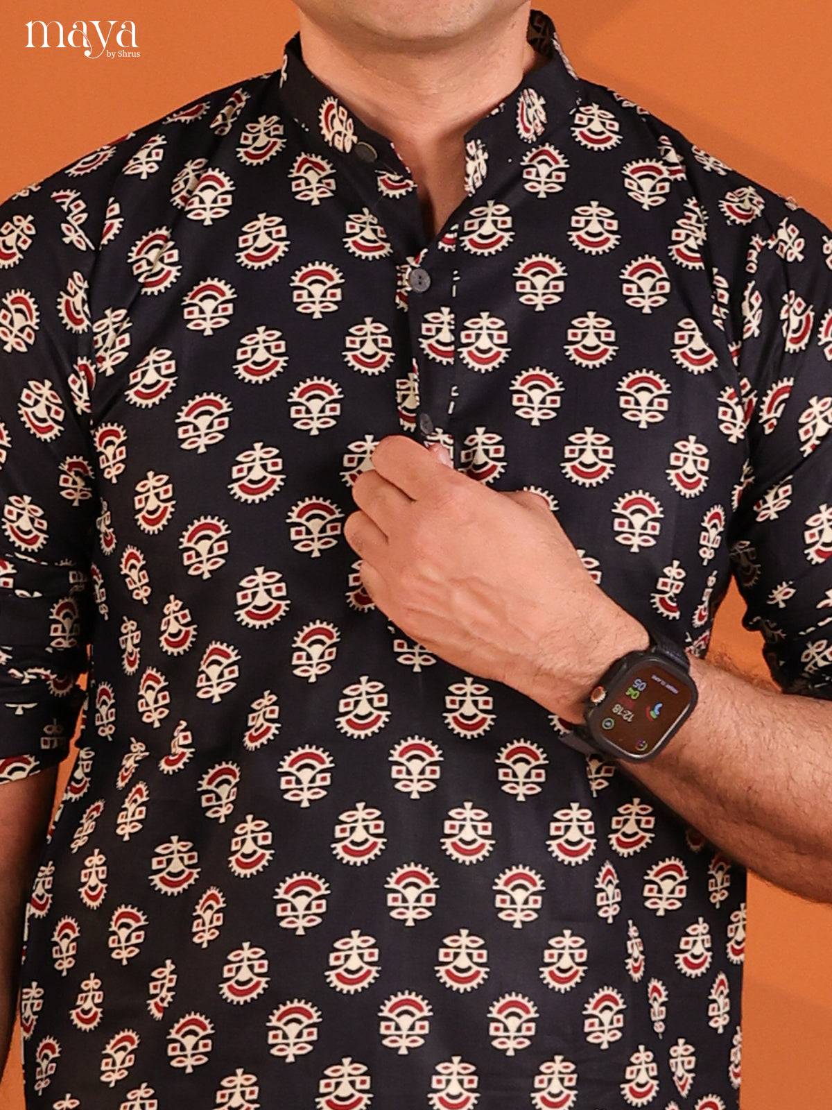 Black Cotton Printeded Short Men Kurta