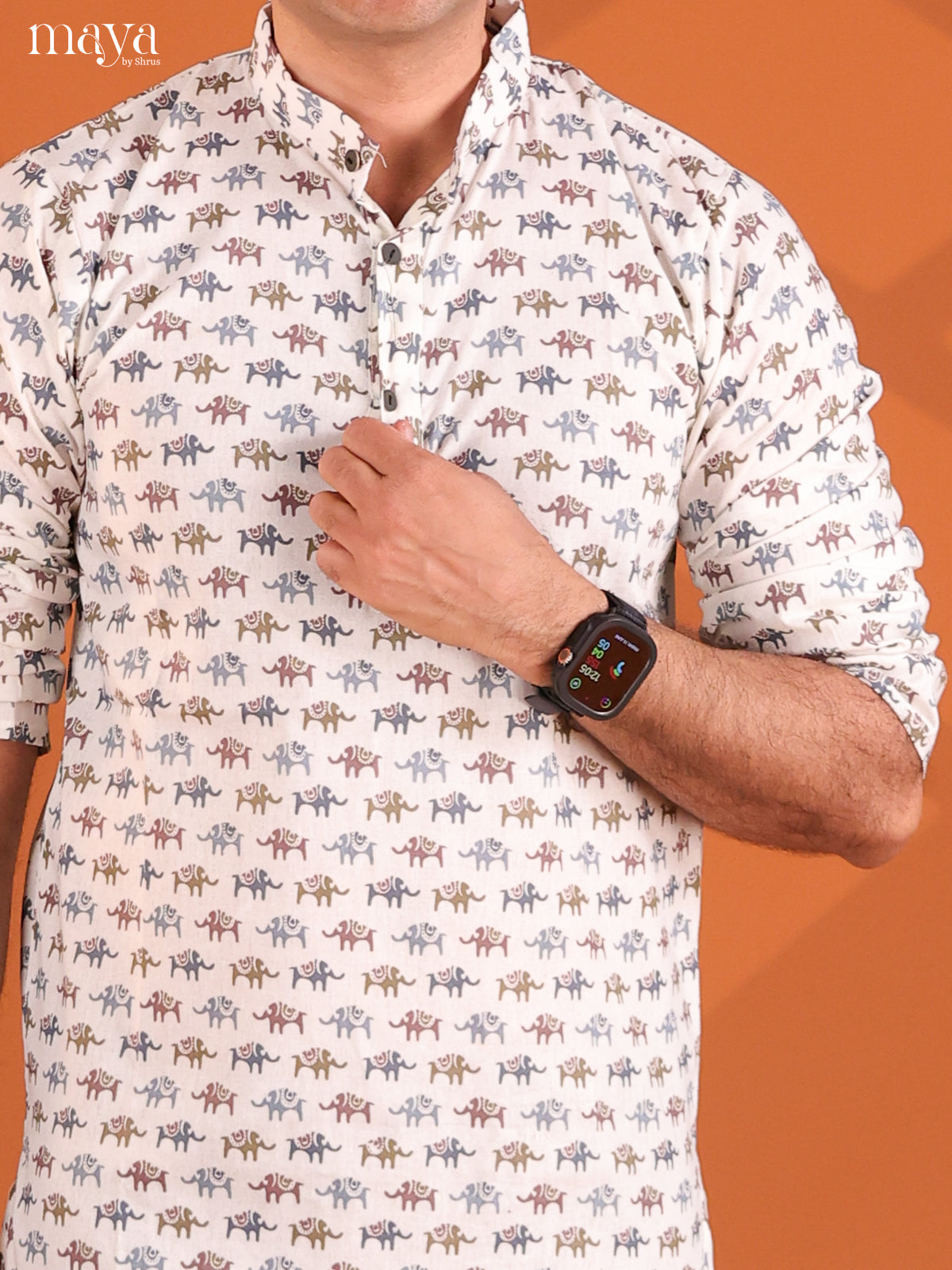 White Cotton Elephant Printed Short Men Kurta