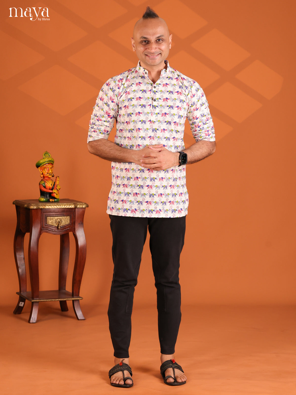 White with Blue Cotton Elephant Printed Short Men Kurta