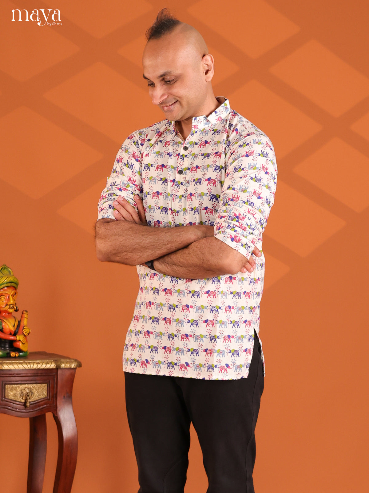 White with Blue Cotton Elephant Printed Short Men Kurta
