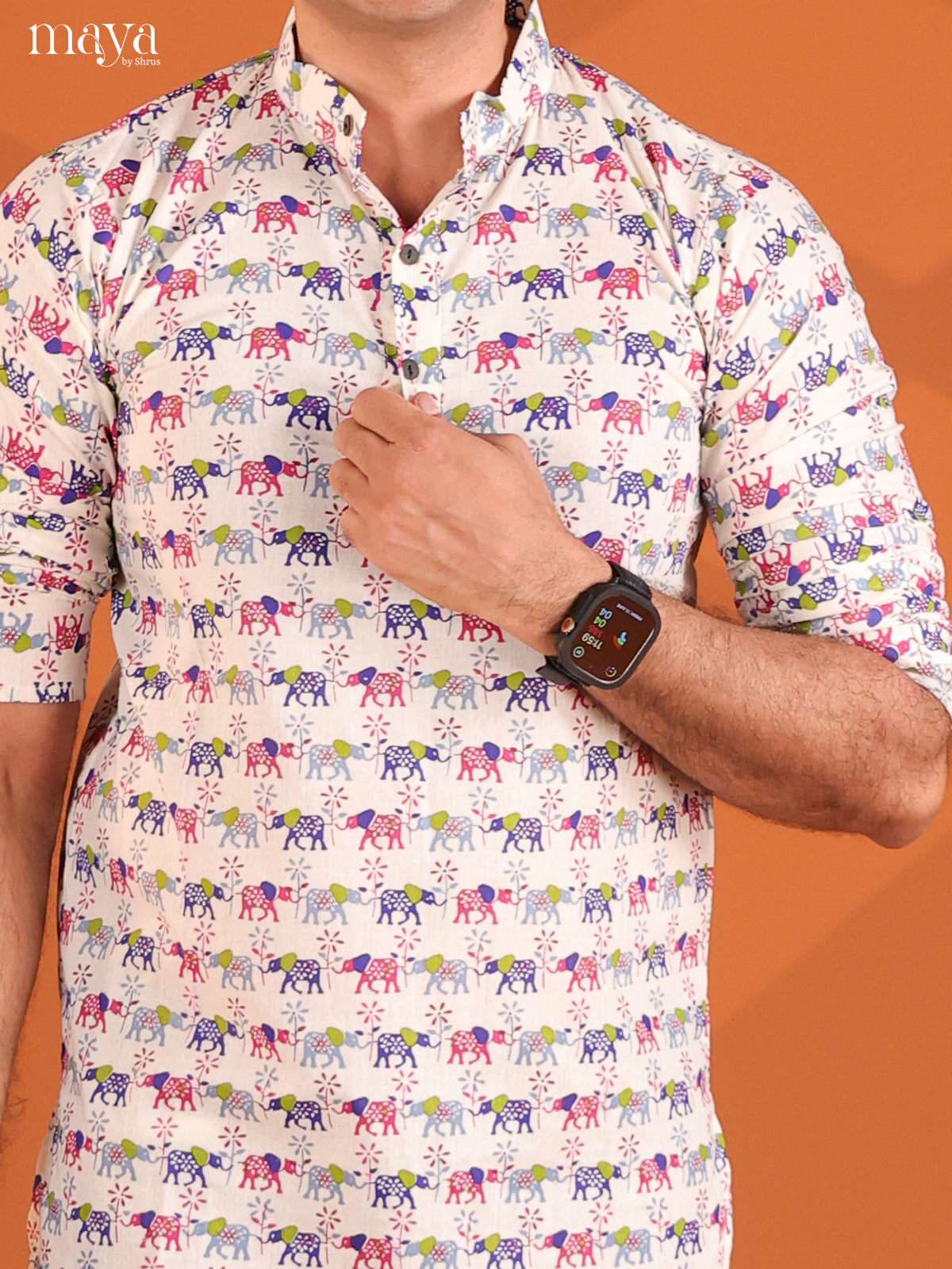 White with Blue Cotton Elephant Printed Short Men Kurta