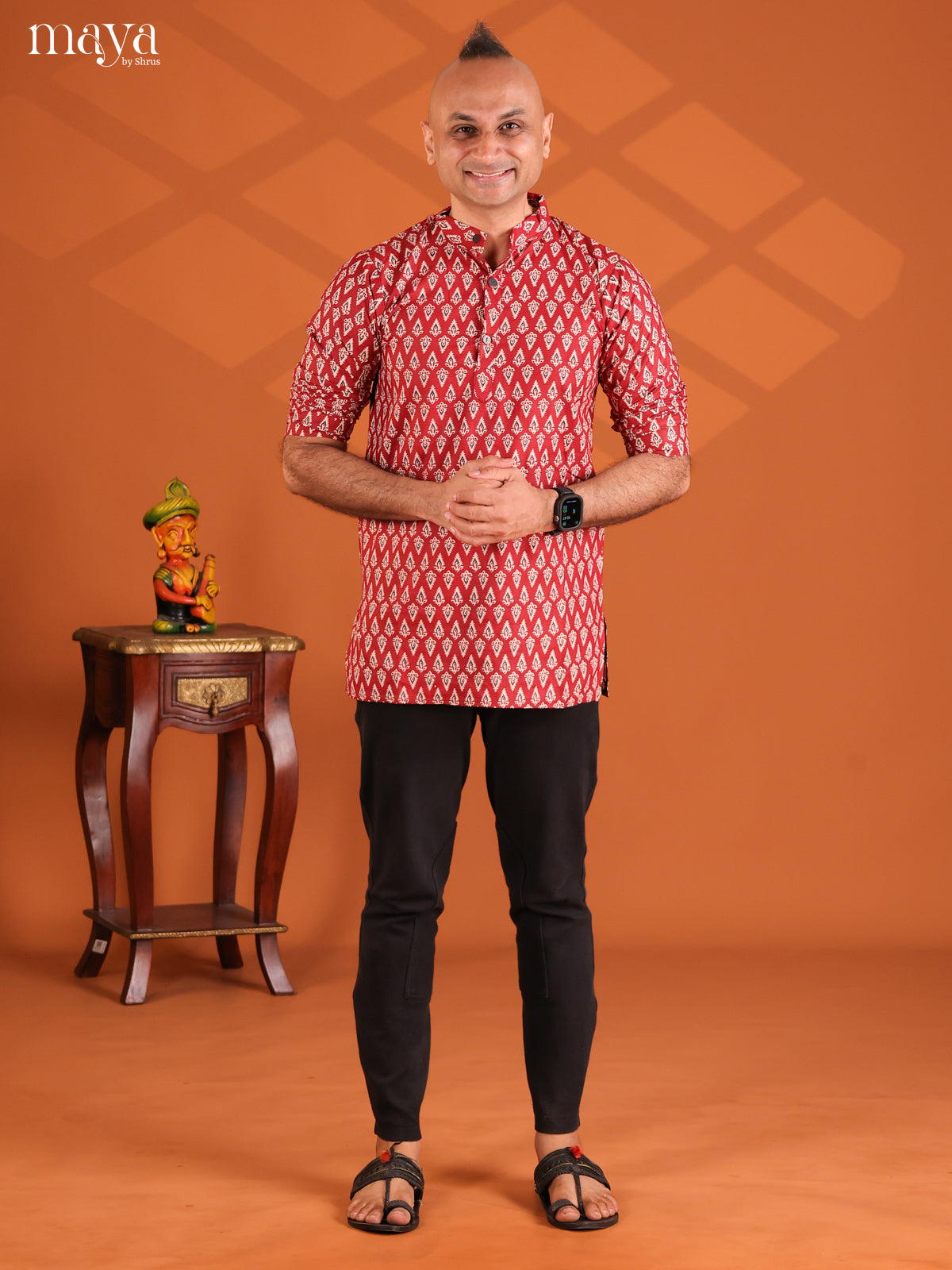 Maroon Cotton Floral Printed Short Men Kurta
