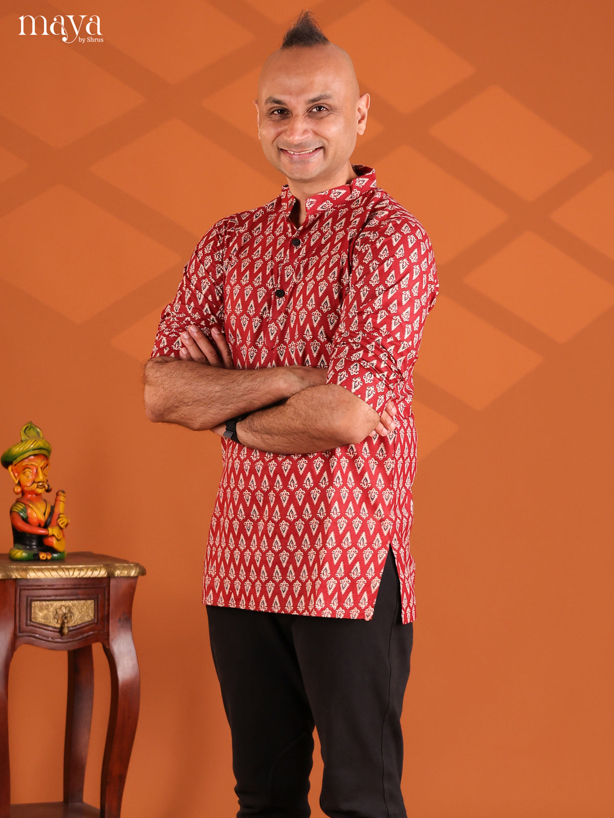 Maroon Cotton Floral Printed Short Men Kurta