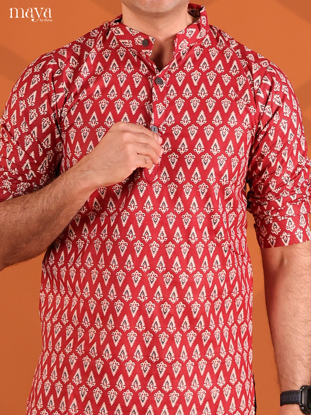 Maroon Cotton Floral Printed Short Men Kurta