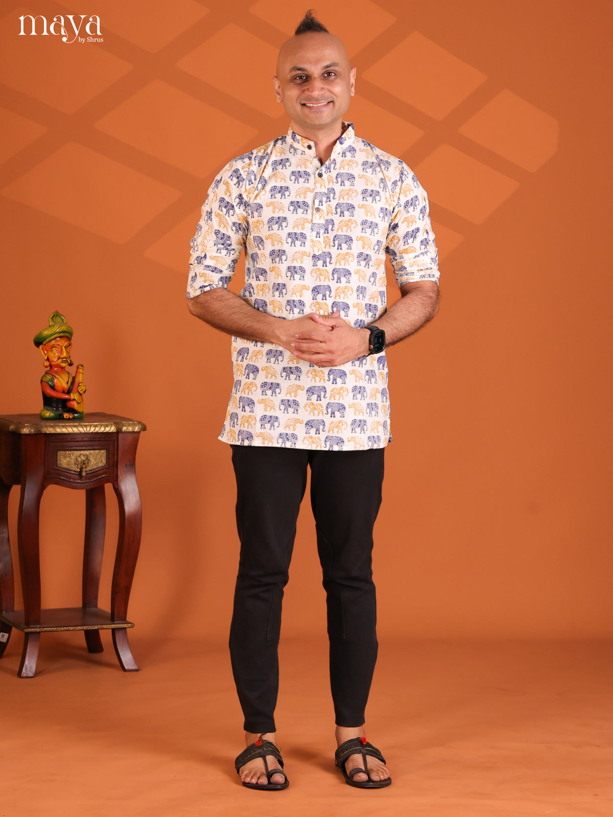 White with Mustrad Cotton Elephant Printed Short Men Kurta