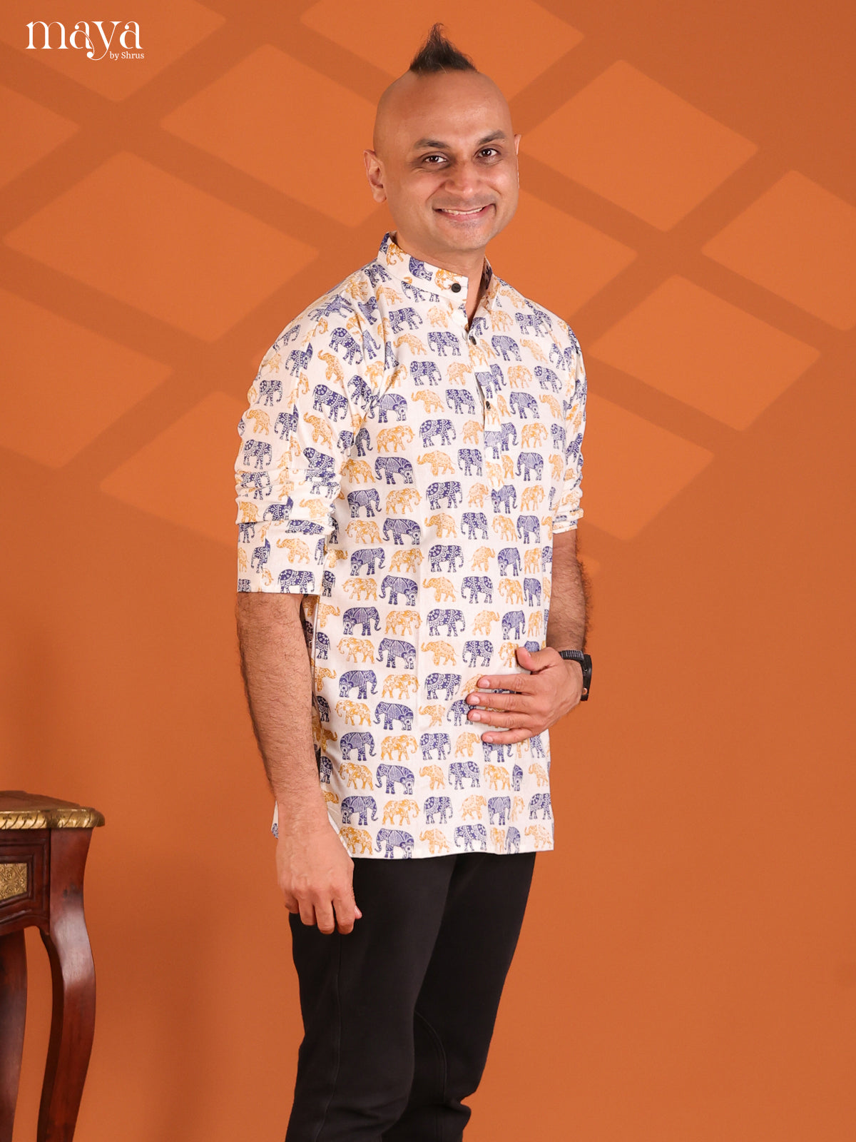 White with Mustrad Cotton Elephant Printed Short Men Kurta