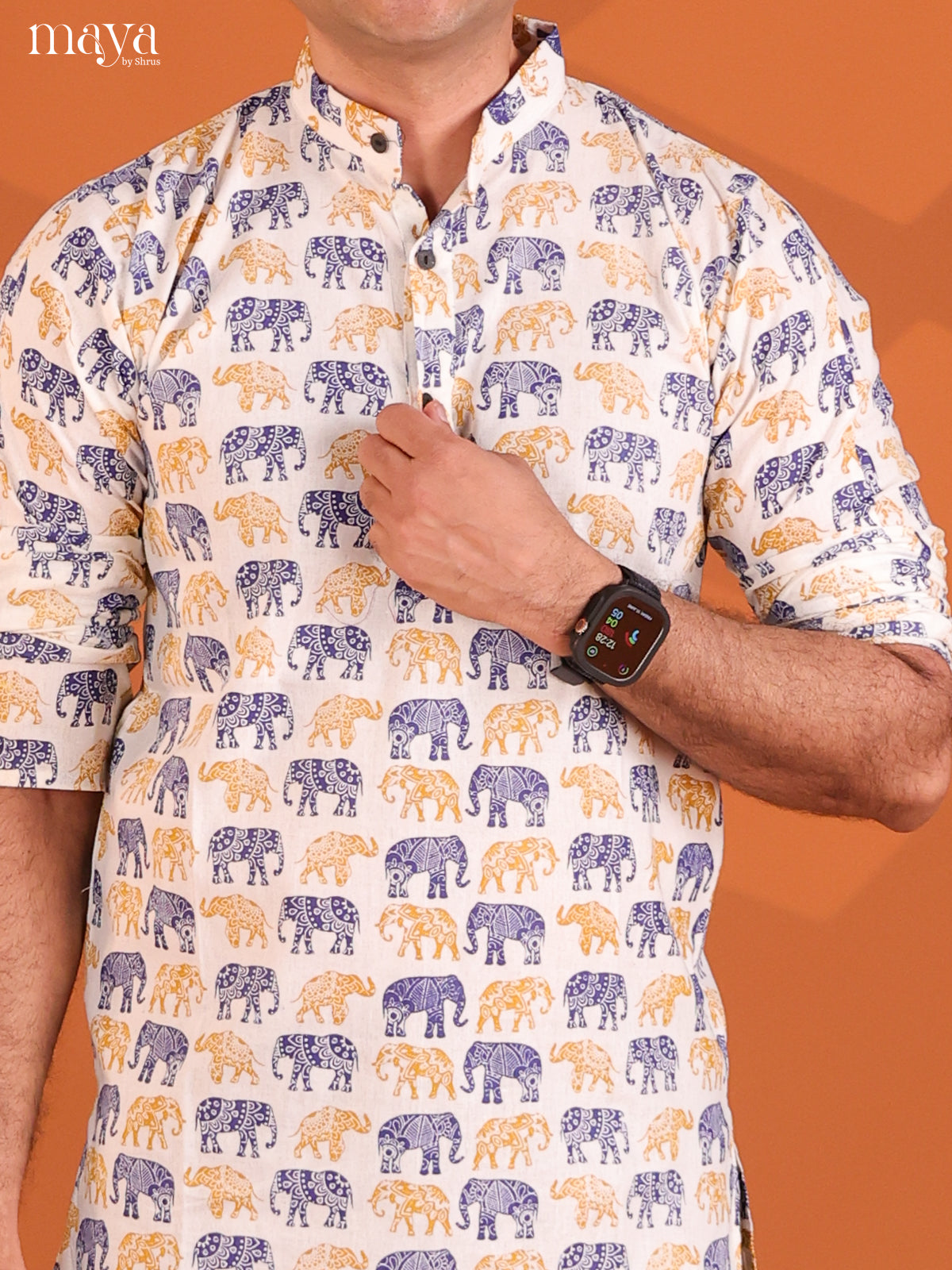 White with Mustrad Cotton Elephant Printed Short Men Kurta