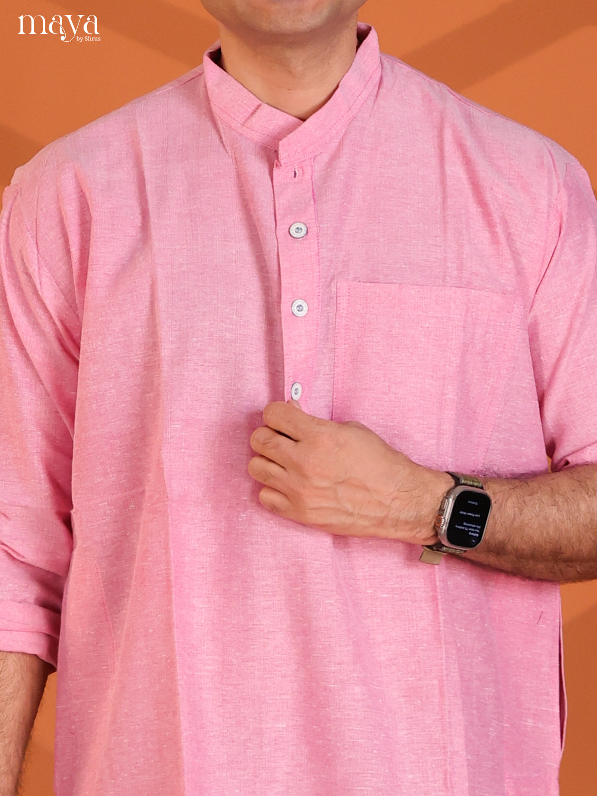 Pink Cotton Solid Long Men Kurta