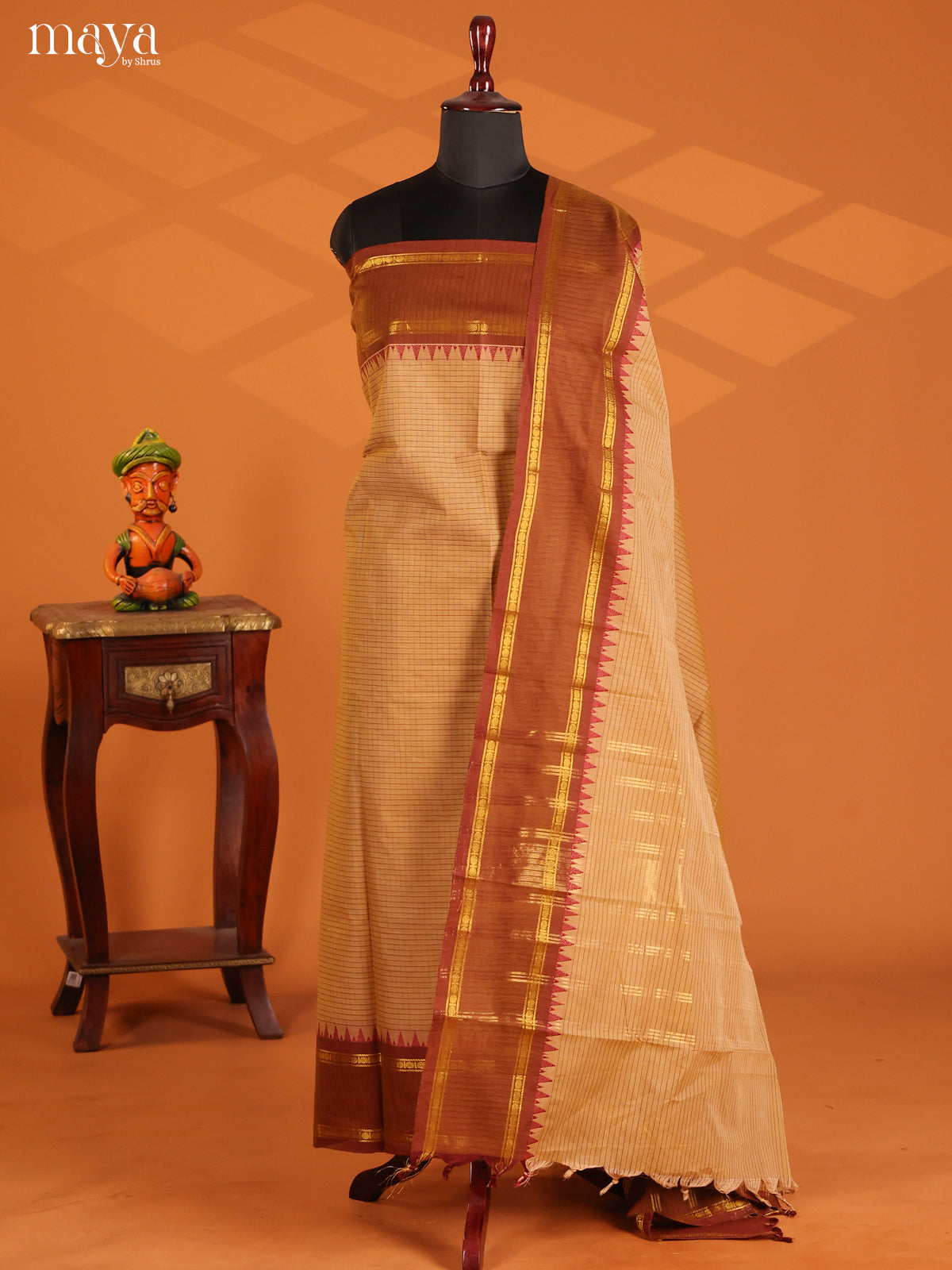 Beige with Brown - chettinad top & dupatta combo