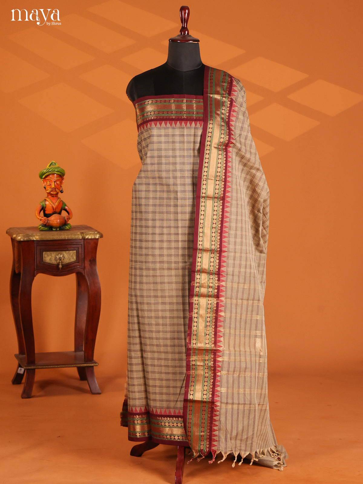 Grey & Maroon- chettinad top & dupatta combo