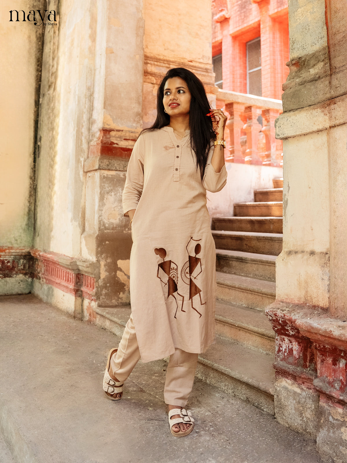 Light Brown Cotton 2pc Warli Embroidered Salwar Suit - Top & Bottom