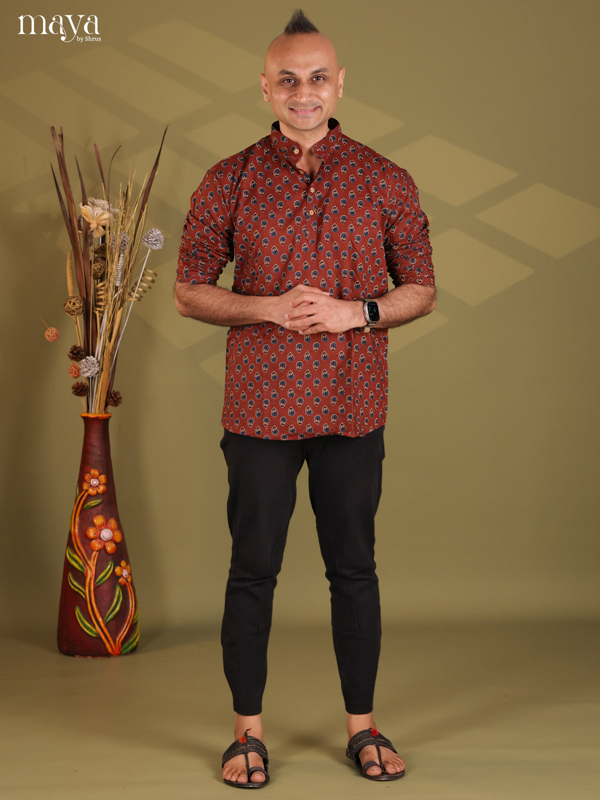 Maroon Cotton Floral Printed Short Men Kurta