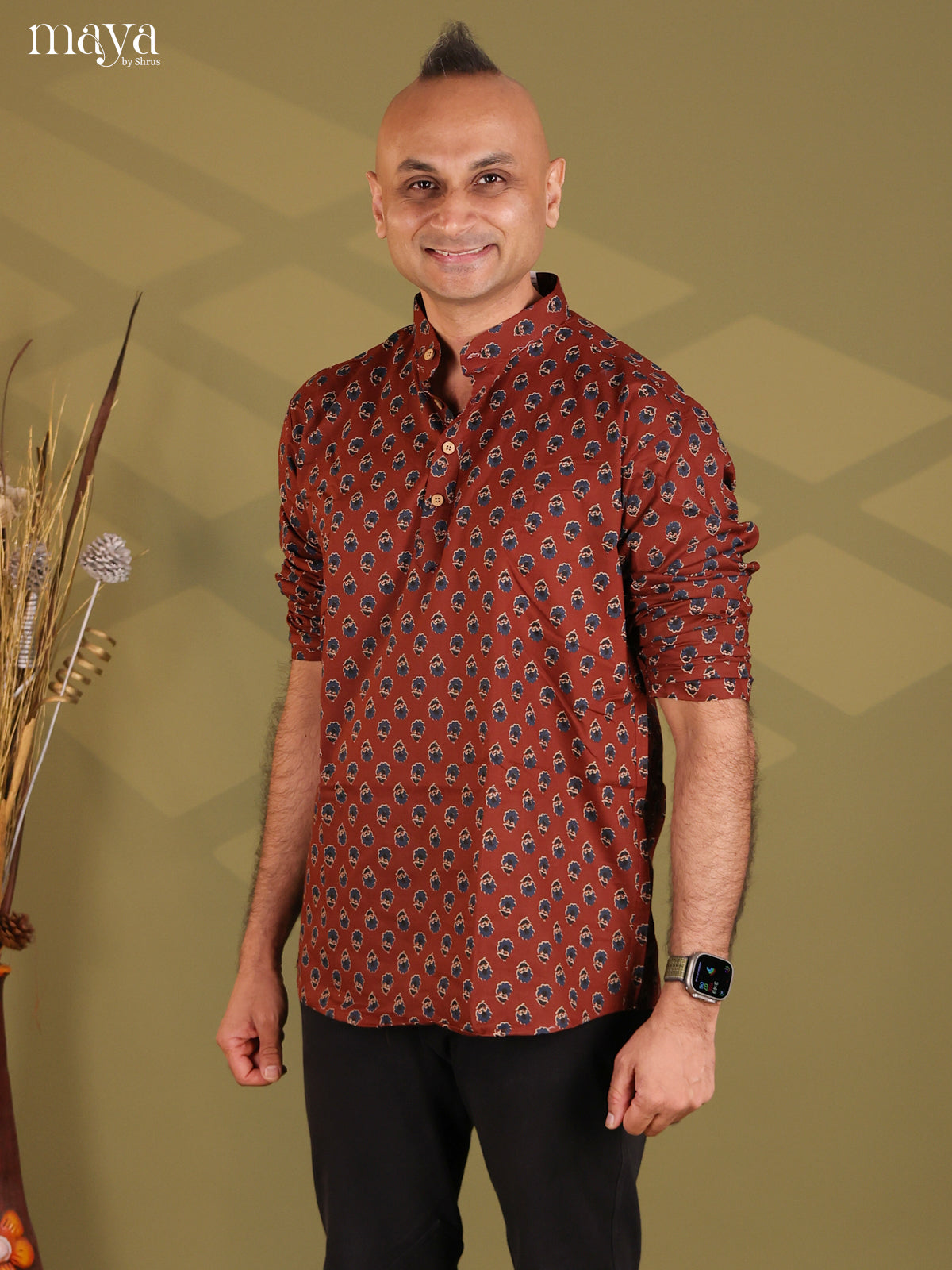Maroon Cotton Floral Printed Short Men Kurta