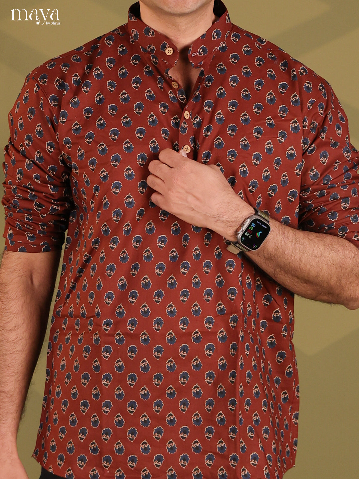 Maroon Cotton Floral Printed Short Men Kurta
