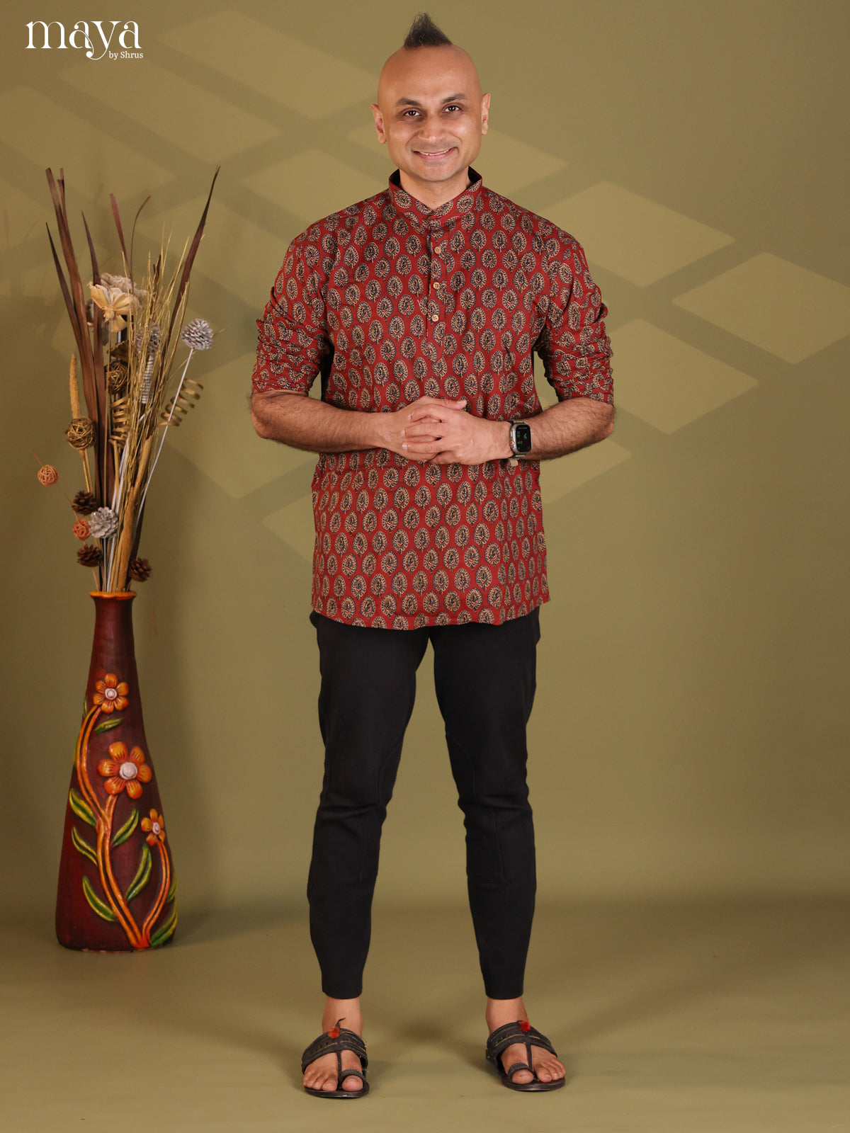 Maroon Cotton Floral Printed Short Men Kurta