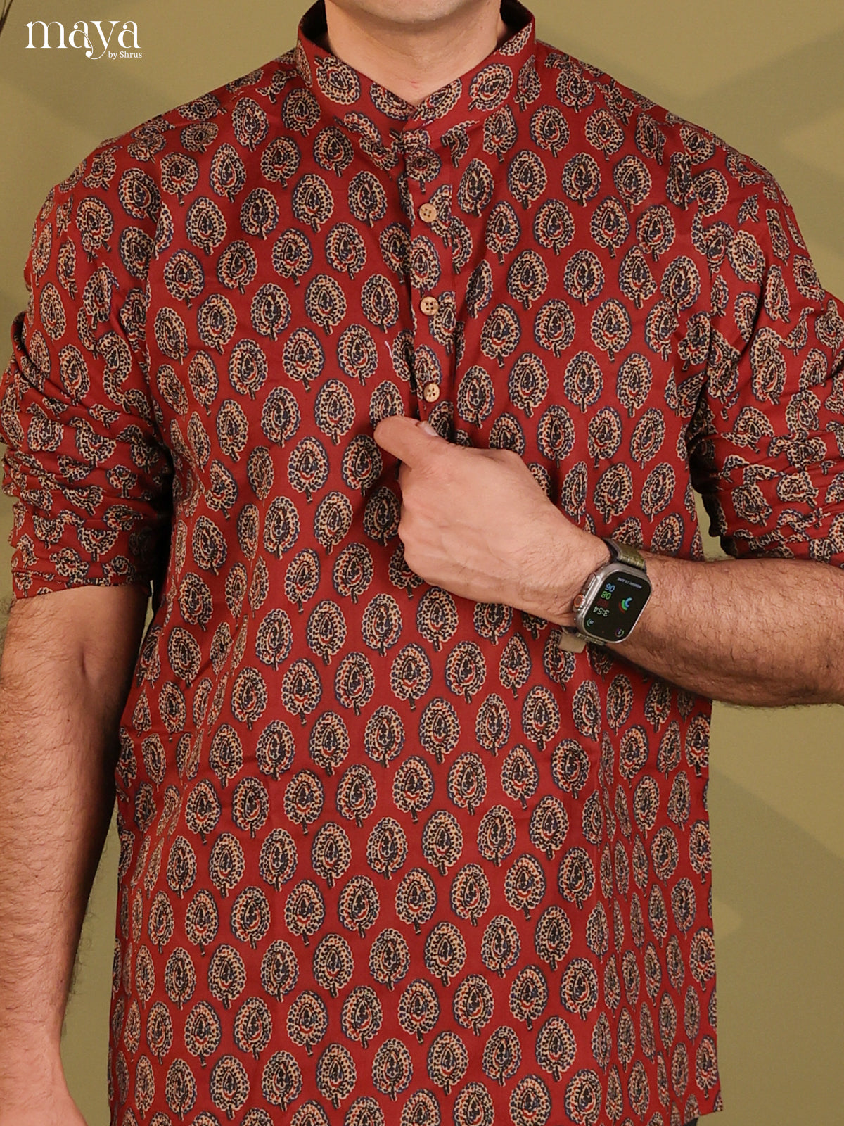 Maroon Cotton Floral Printed Short Men Kurta