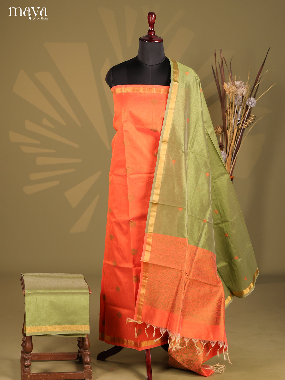 Orange & Green- Semi rawsilk salwar