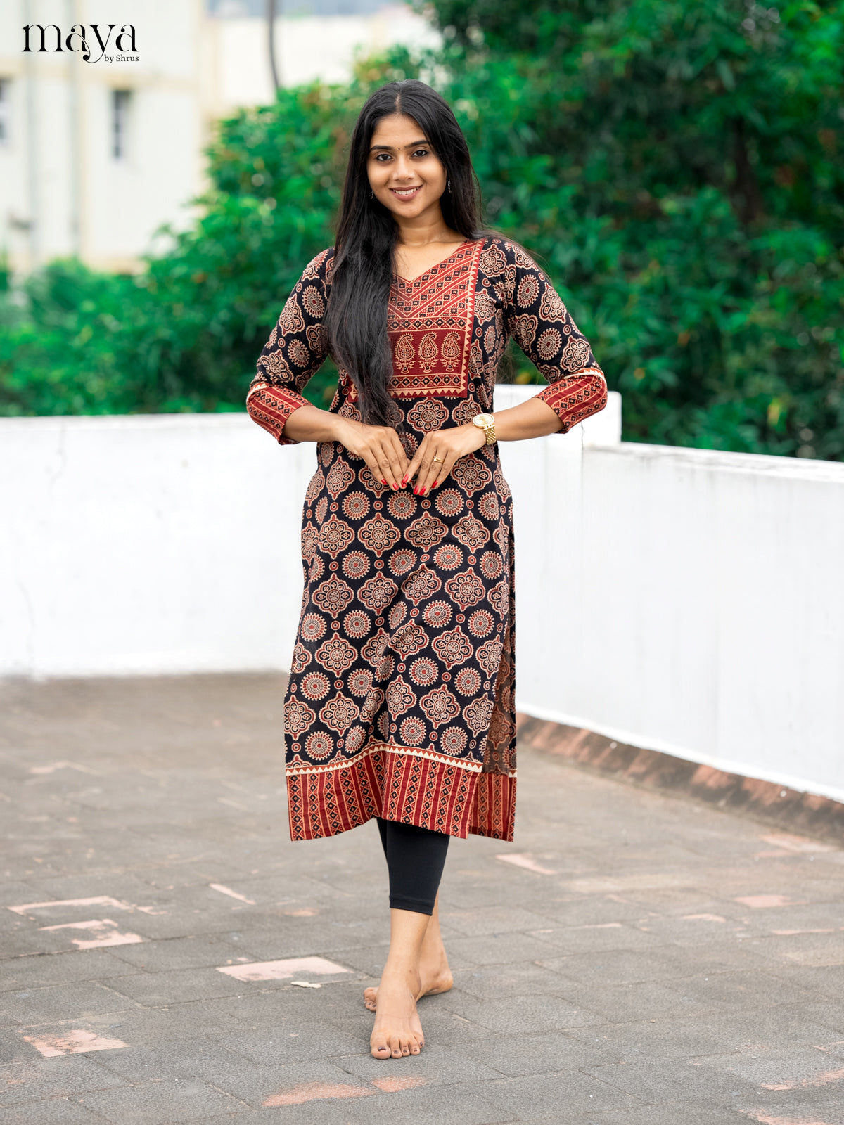 Black & Red Ajrakh Printed Readymade Kurti