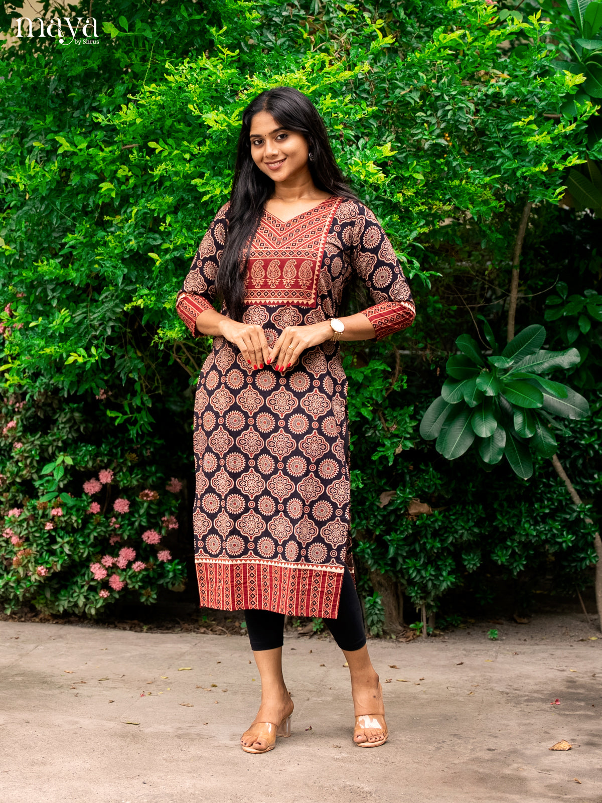 Black & Red Ajrakh Printed Readymade Kurti