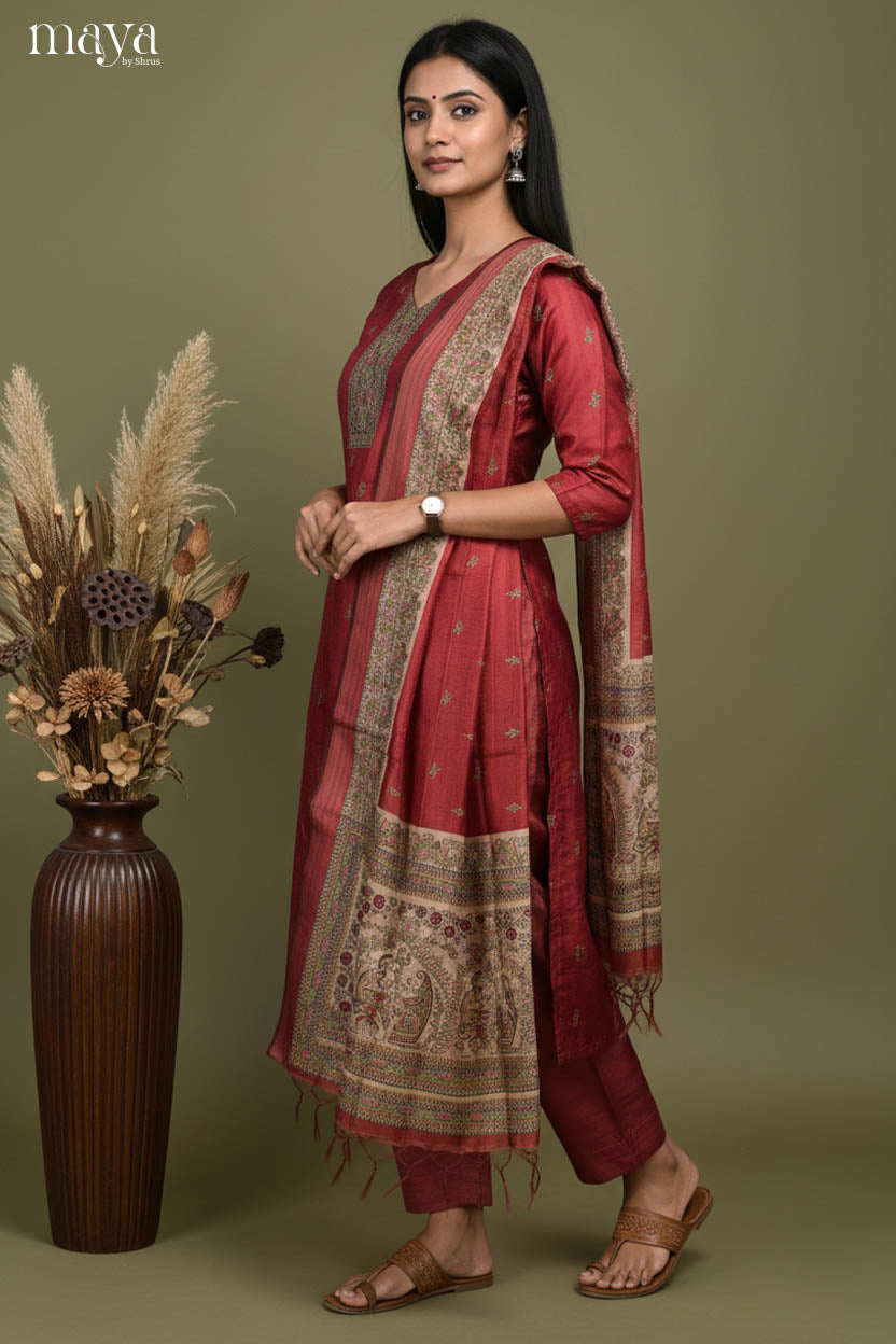 Stylish Maroon Readymade Salwar Set with Printed Design