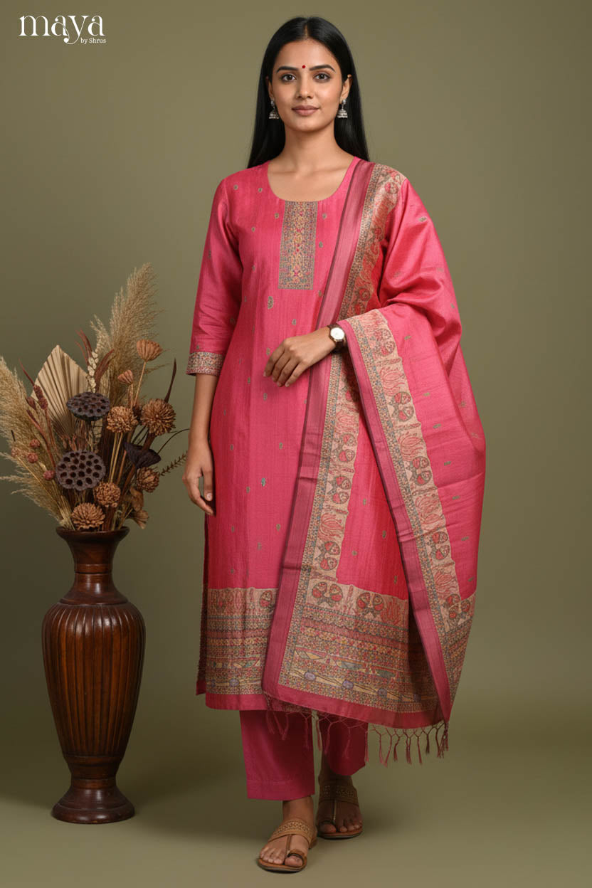 Pretty Pink Readymade Salwar Set with Printed Design & Dupatta