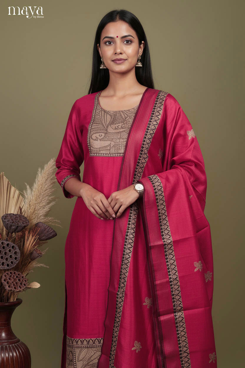 Bright Rani pink Readymade Salwar Sey with Yoke Neck & Printed Dupatta