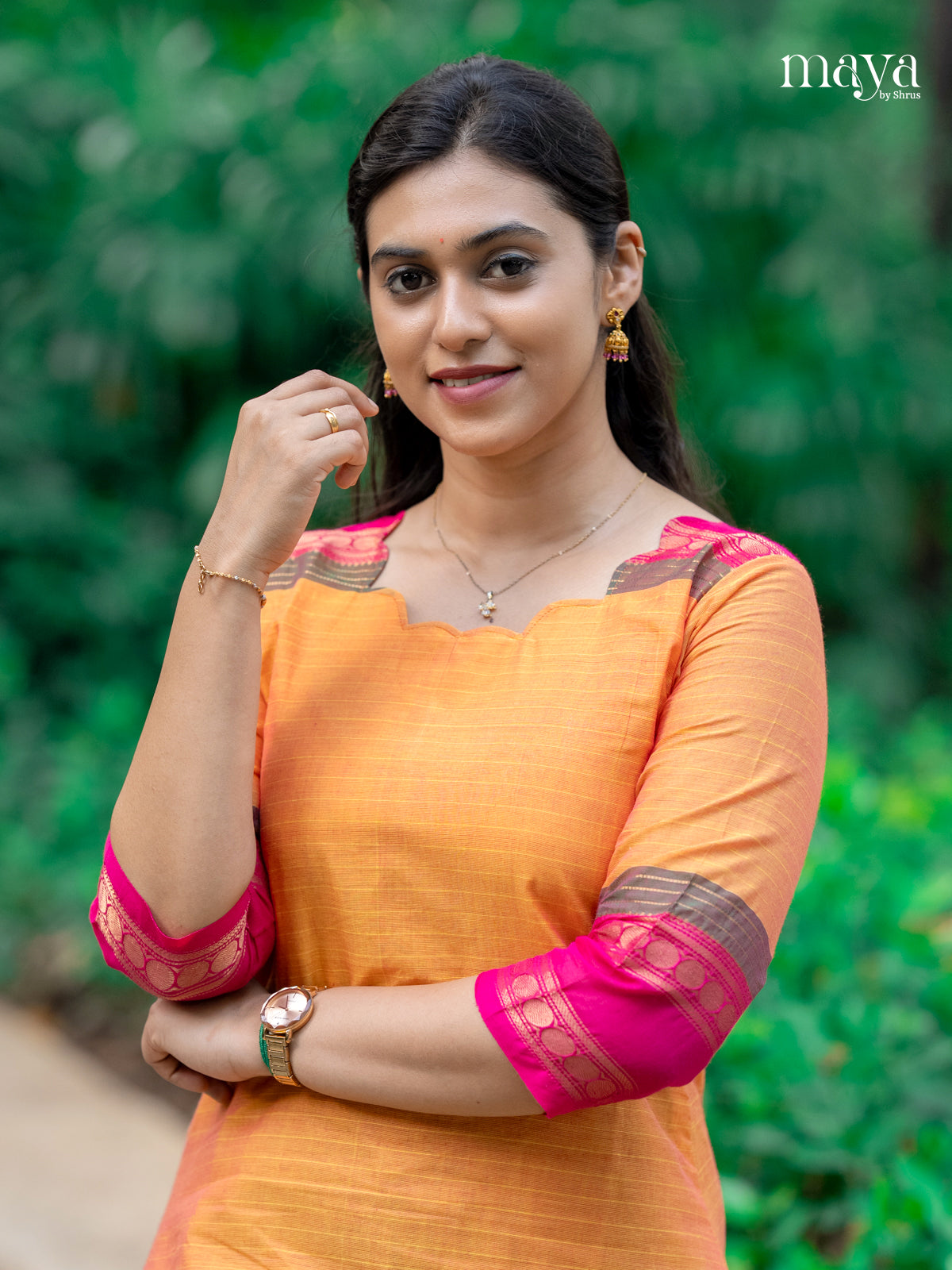 Orange & Pink - Chettinad Cotton Readymade Kurti