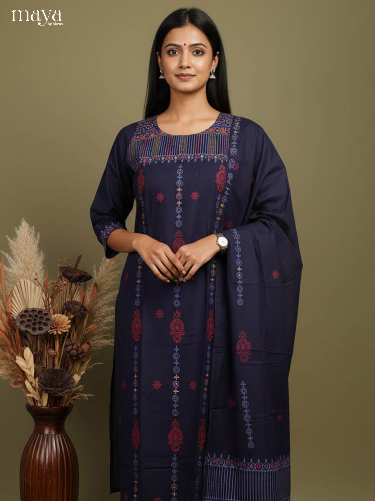 Navy Blue Readymade Salwar with Printed Design-mdj15012
