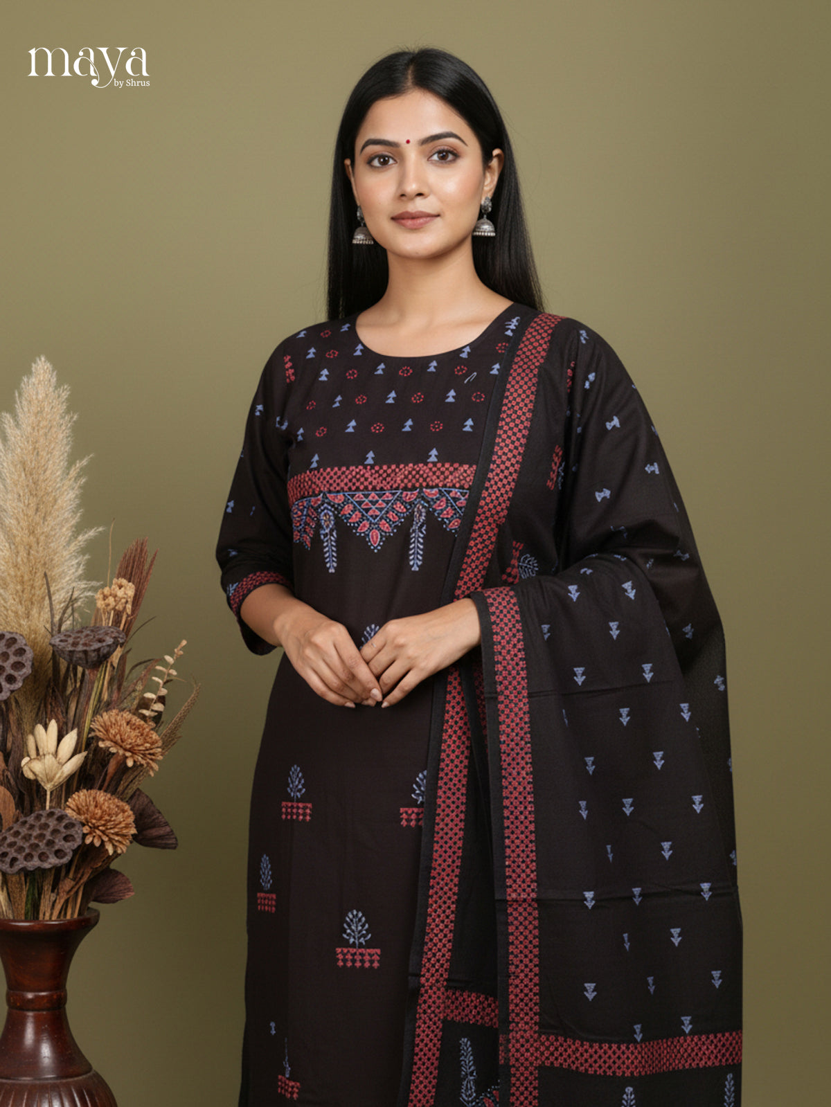 Black - Cotton printed Readymade 3 Piece Salwar