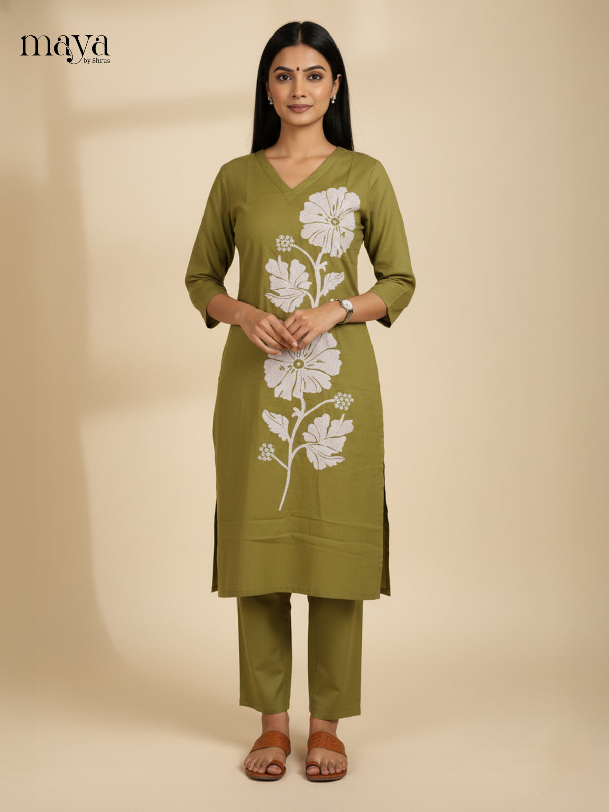 Olive Straight Co-ord Set with Embroidered Design-mdj21015