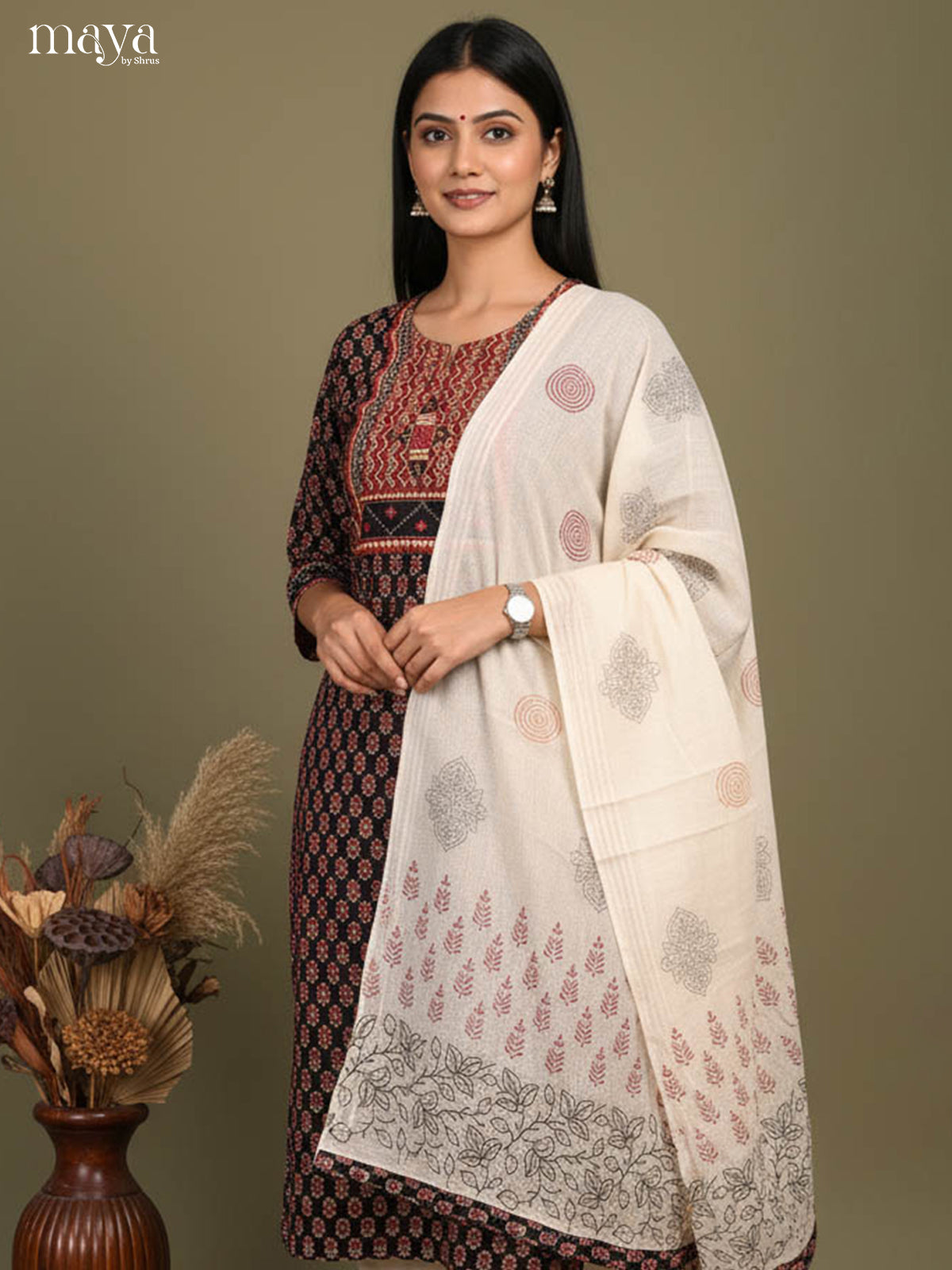 Black Readymade Ajrakh Salwar with Printed Design-mdj21019