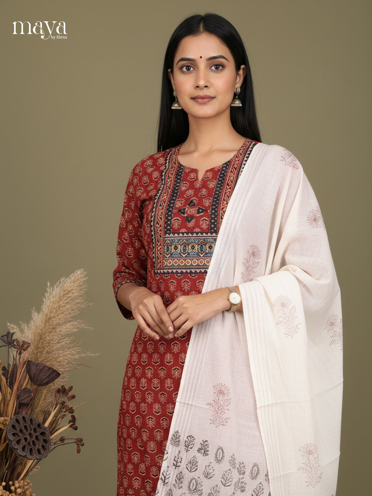 Maroon & White-FLoral printed Readymade 3 Piece Salwar