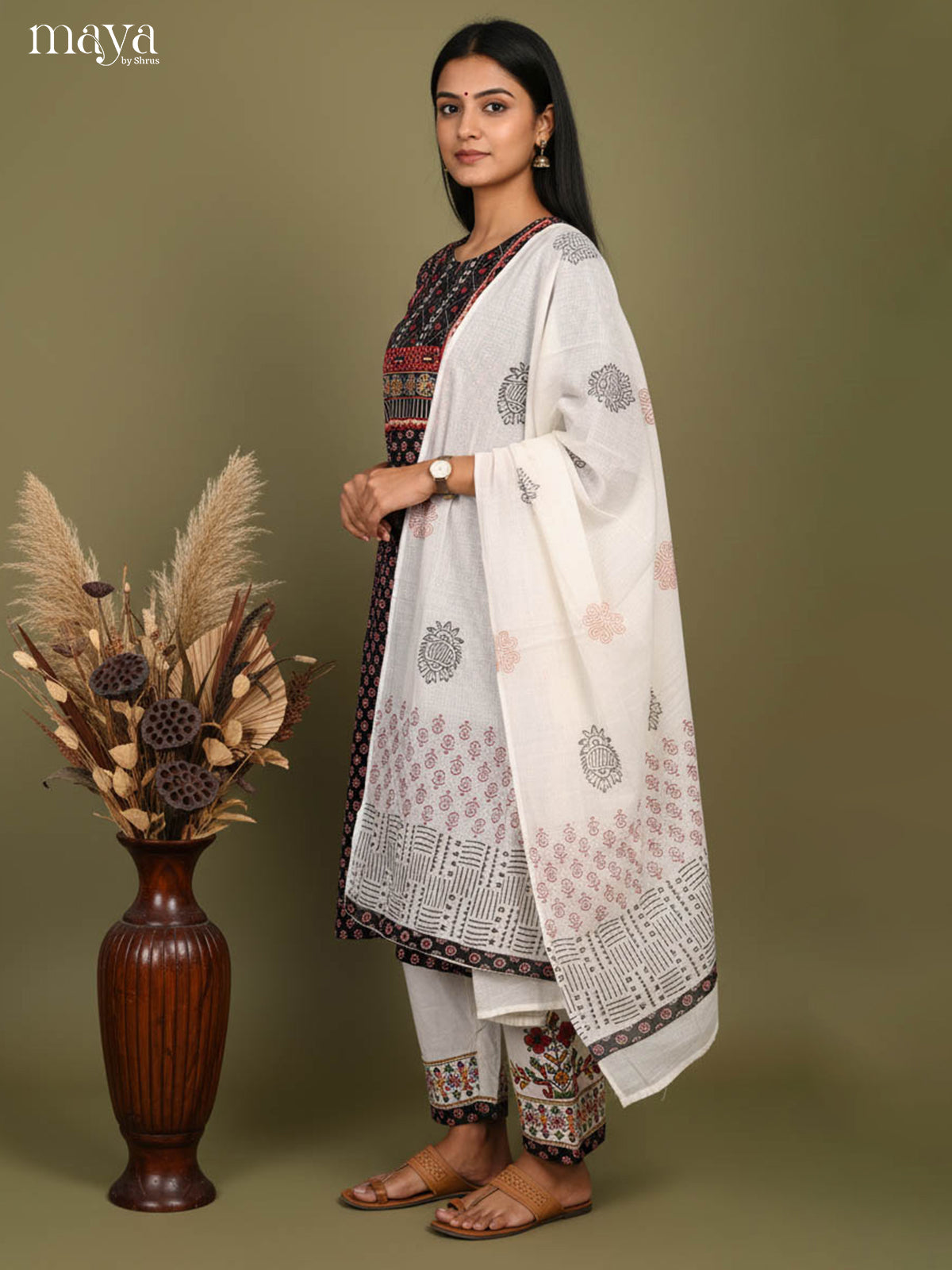 Black Readymade Ajrakh Salwar with Printed Design-mdj21025