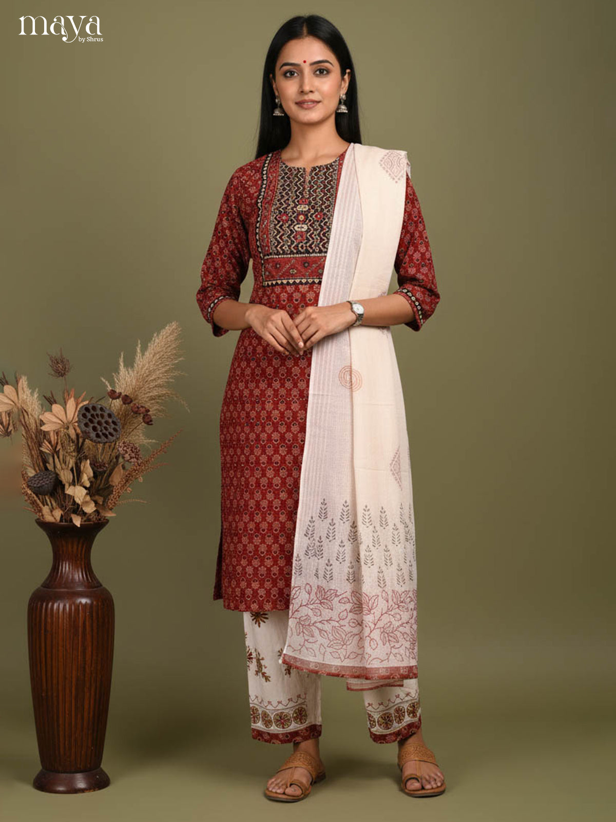 Maroon Readymade Ajrakh Salwar with Printed Design-mdj21026
