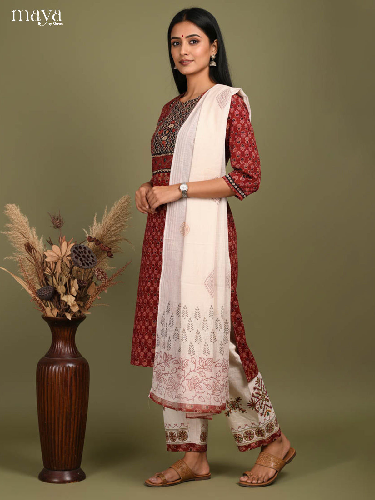 Maroon Readymade Ajrakh Salwar with Printed Design-mdj21026