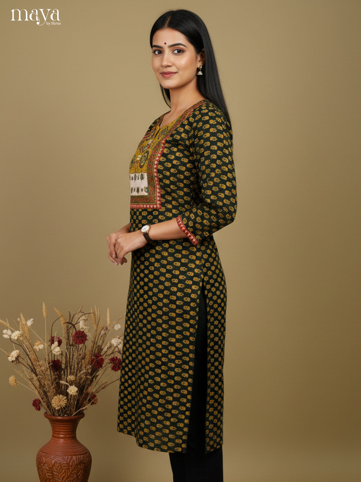 Green & Yellow ajrakh printed Readymade Kurti