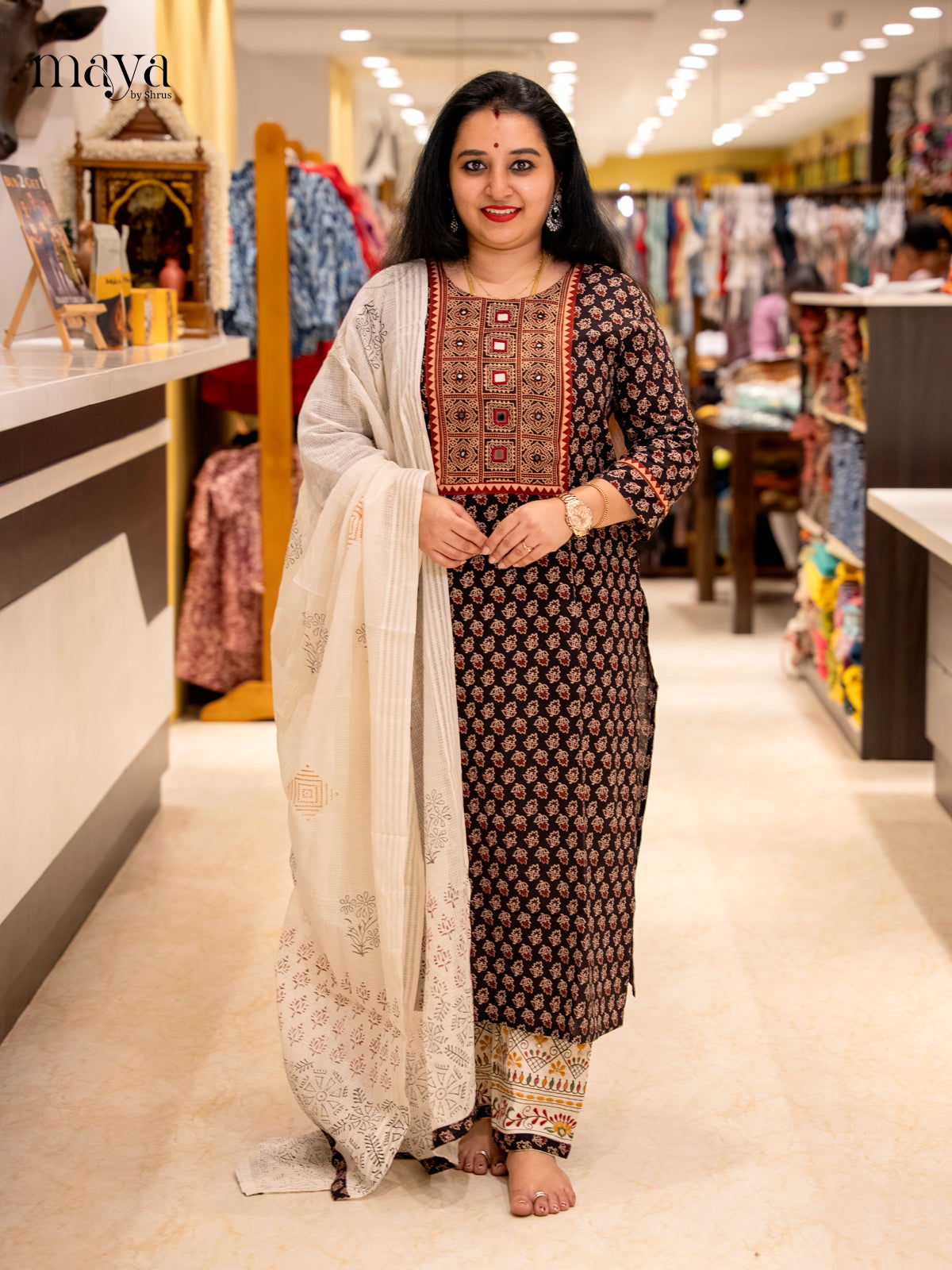 Beautiful Black Ajrakh Salwar Set In Cotton with Yoke Neck