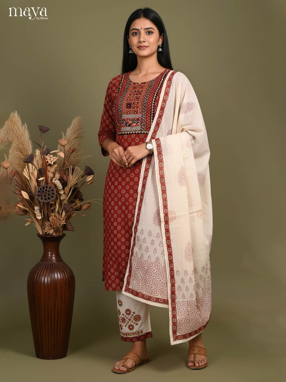 Maroon Readymade Ajrakh Salwar with Printed & Embroidered Design-mdj21036