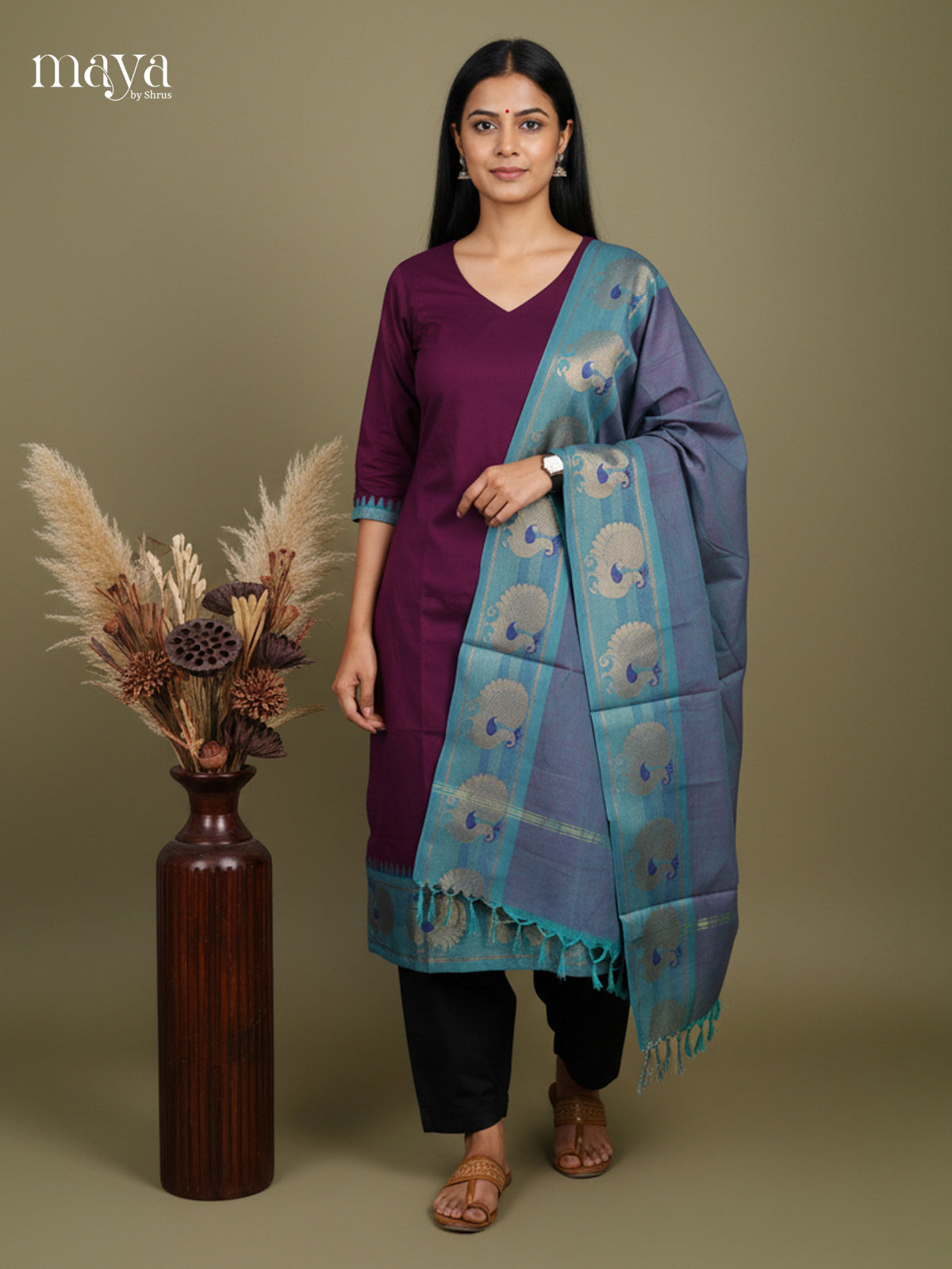 Wine & Blue-Chettinad Cotton Readymade Kurti  & Dupatta