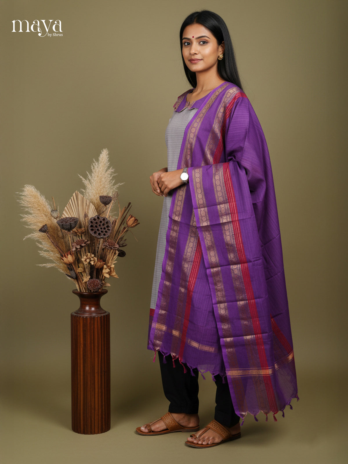 Grey & Purple- Chettinad Cotton Readymade Kurti & dupatta