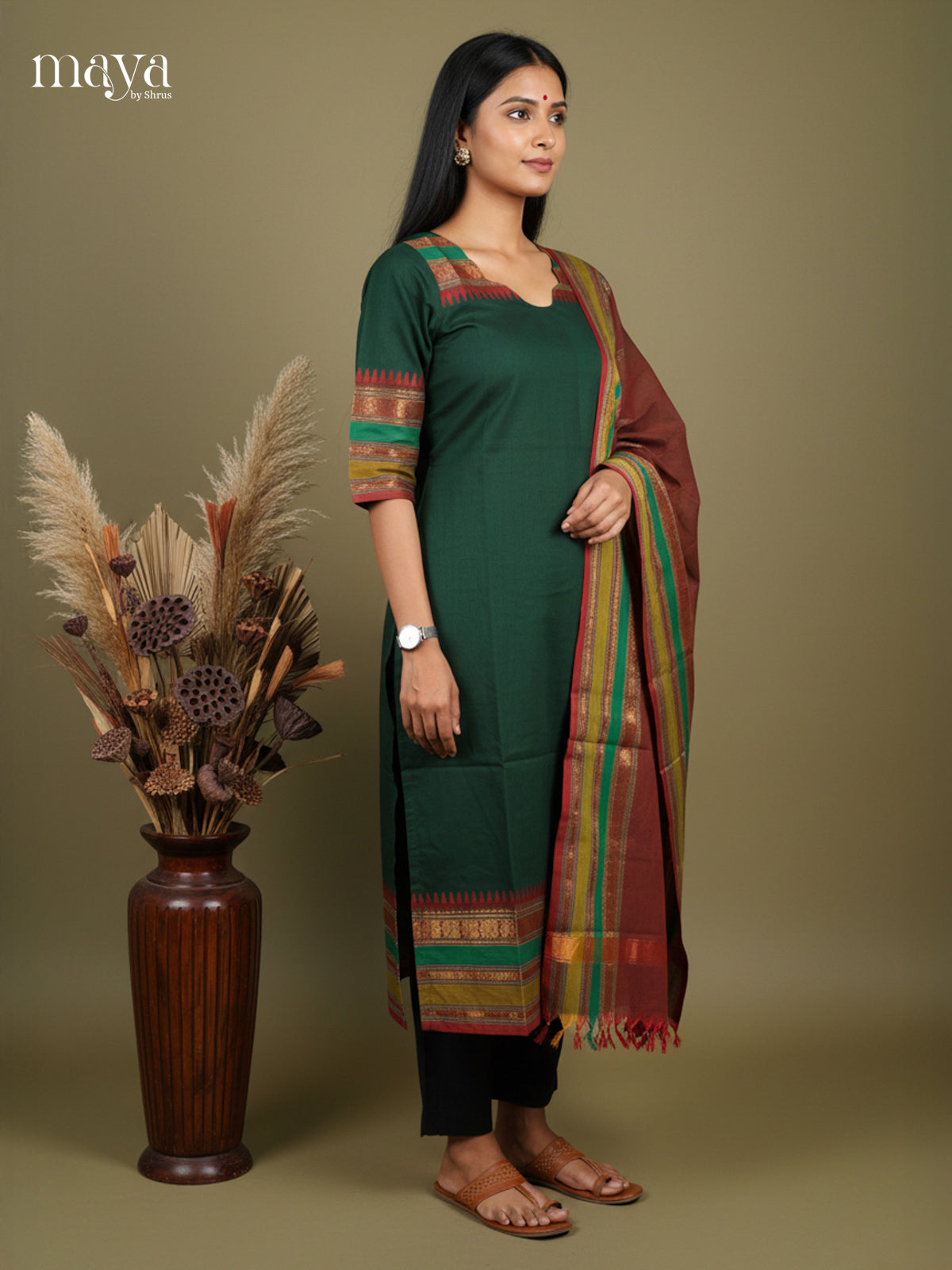 Green & Arakku -Chettinad Readymade Kurti & Dupatta