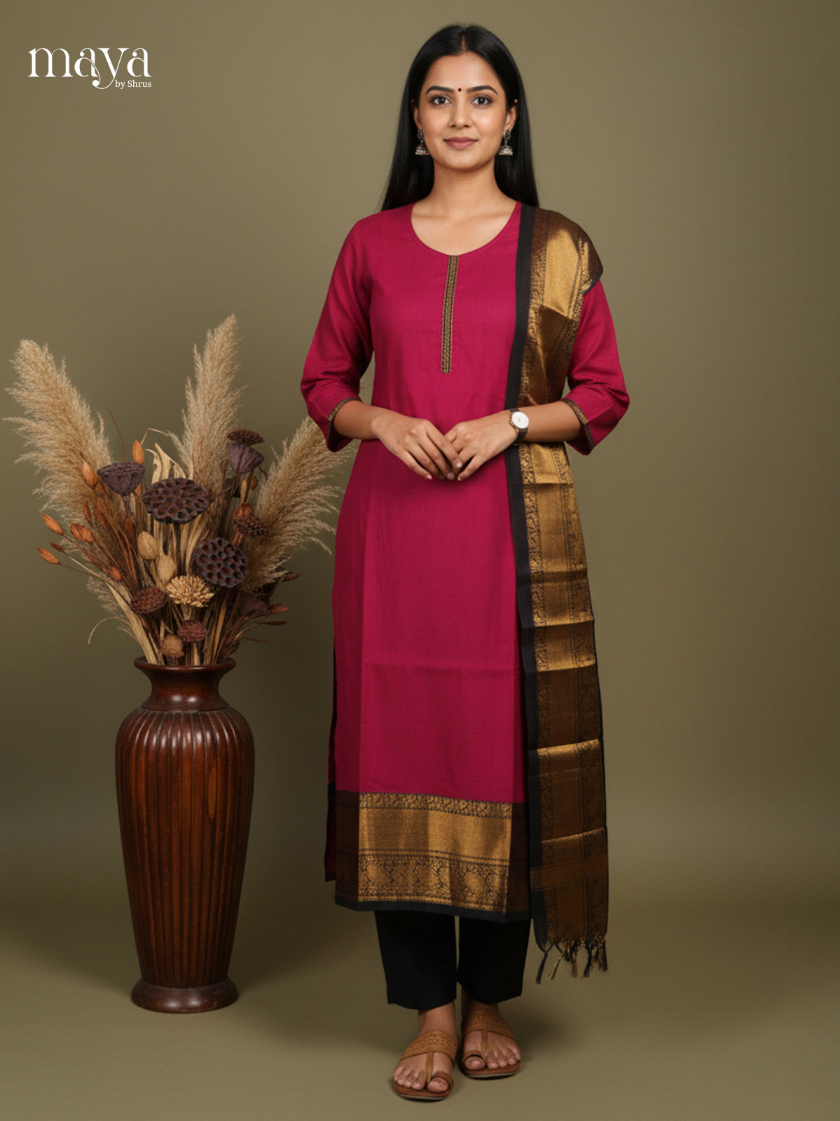Maroon -Chettinad Cotton Readymade Kurti & Dupatta